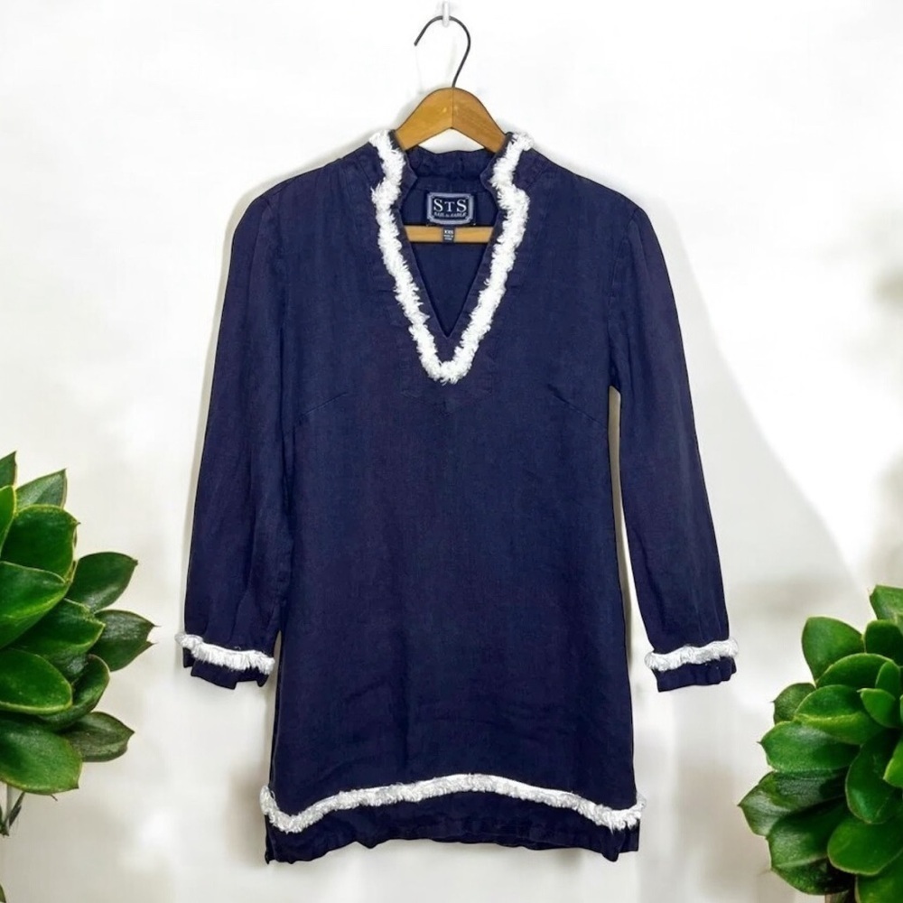 Sail to Sable 100% Linen Tunic Dress XXS Navy White Fringe Coastal Shift